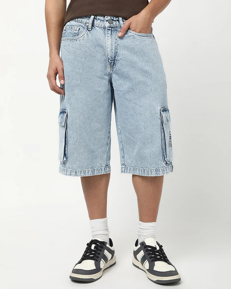 بيواكوف Men's Light Blue Washed Baggy Fit Cargo Shorts